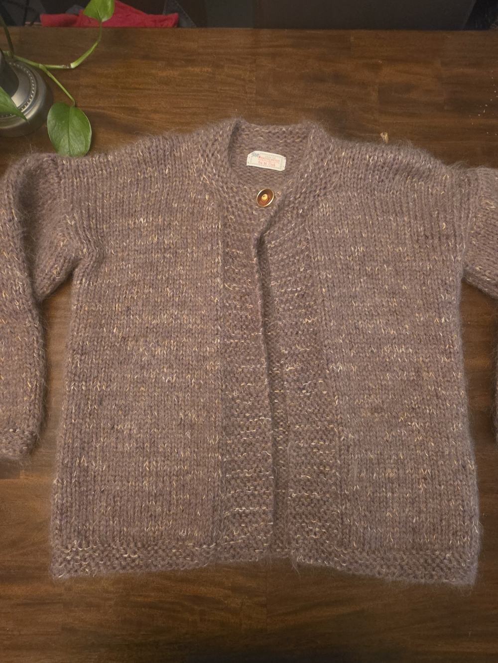 Vintage Hand Knit Fuzzy Cardigan Sweater Brown Taupe Mohair Style Medium